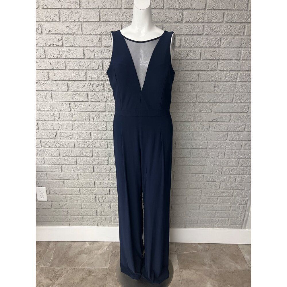Nightway Navy Women Illusion-V Wide Leg Jumpsuit Size 10